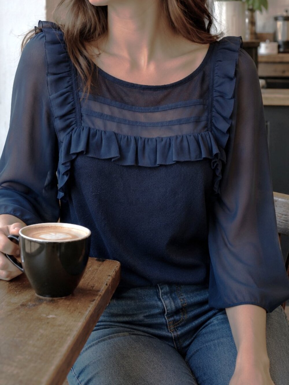 BANANA REPUBLIC Linen Cotton Blend Navy Blue Ruffle Yoke Sheer Sleeves Top